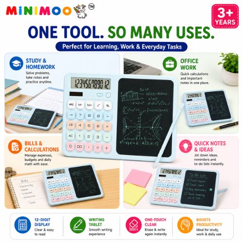 2-in-1 12-Digit Calculator with LCD Writing Tablet & Stylus | Reusable Writing Pad for Study, Office & Everyday Use
