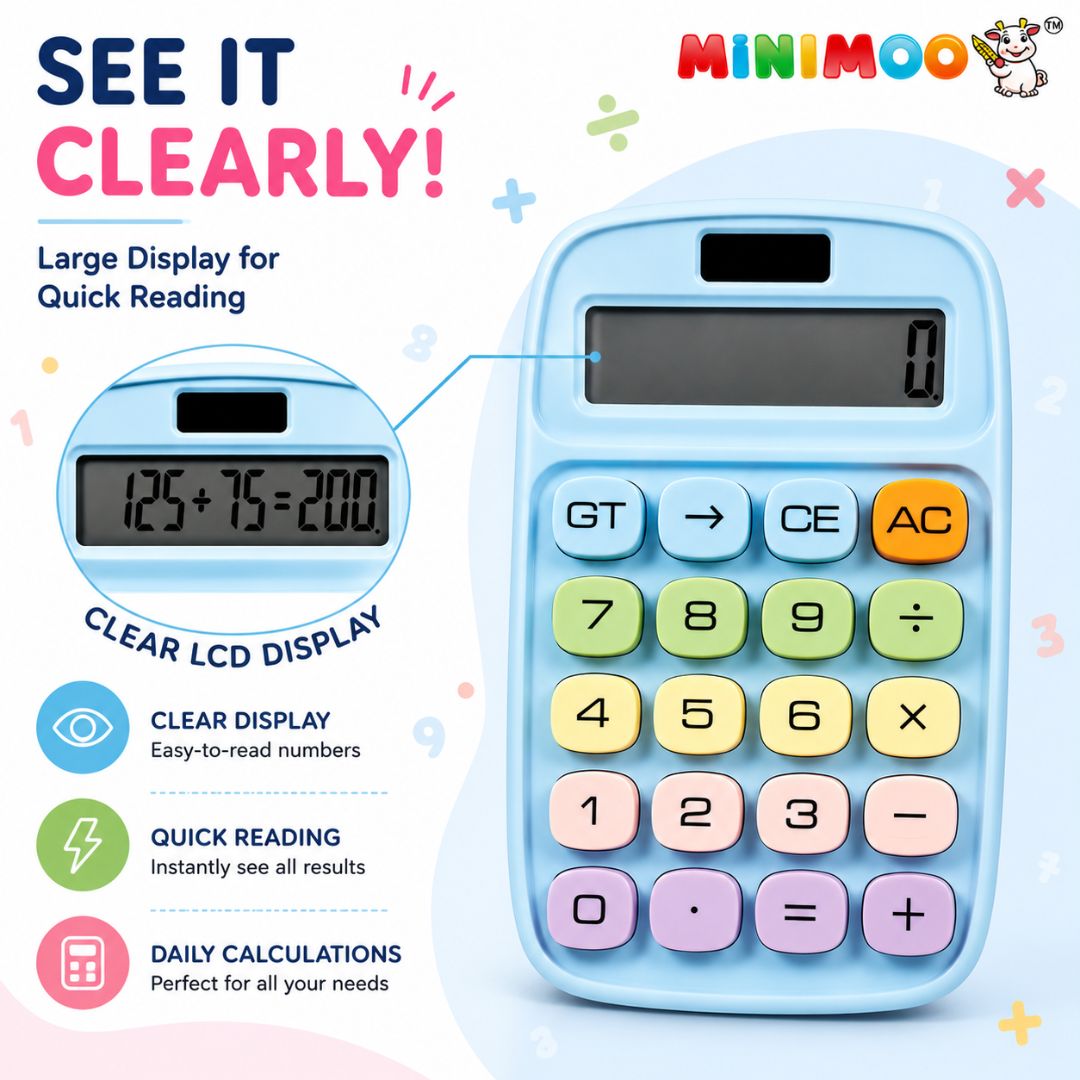Cute Pastel Calculator with Large Display & Big Buttons | 10-Digit Dual Power Desk Calculator for Students, Home, Office & Everyday Use