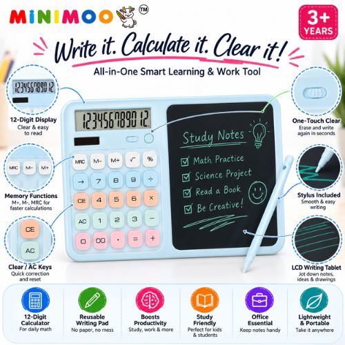 2-in-1 12-Digit Calculator with LCD Writing Tablet & Stylus | Reusable Writing Pad for Study, Office & Everyday Use