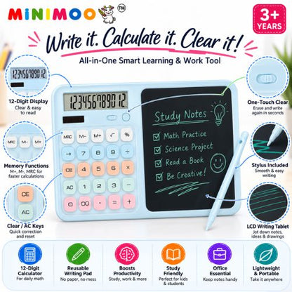 2-in-1 12-Digit Calculator with LCD Writing Tablet & Stylus | Reusable Writing Pad for Study, Office & Everyday Use