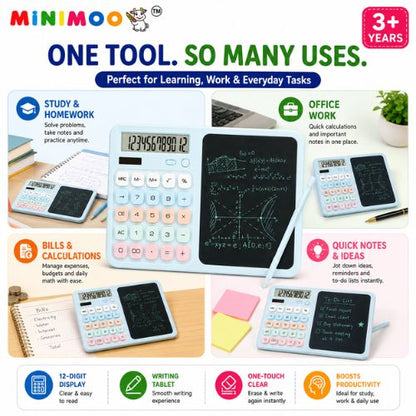 2-in-1 12-Digit Calculator with LCD Writing Tablet & Stylus | Reusable Writing Pad for Study, Office & Everyday Use