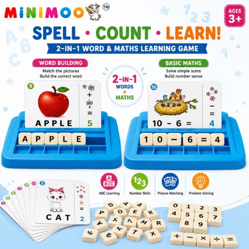 2-in-1 Word Builder & Maths Learning Game for Kids | Spelling, Picture Matching & Number Activity | Educational Toy for Ages 3+