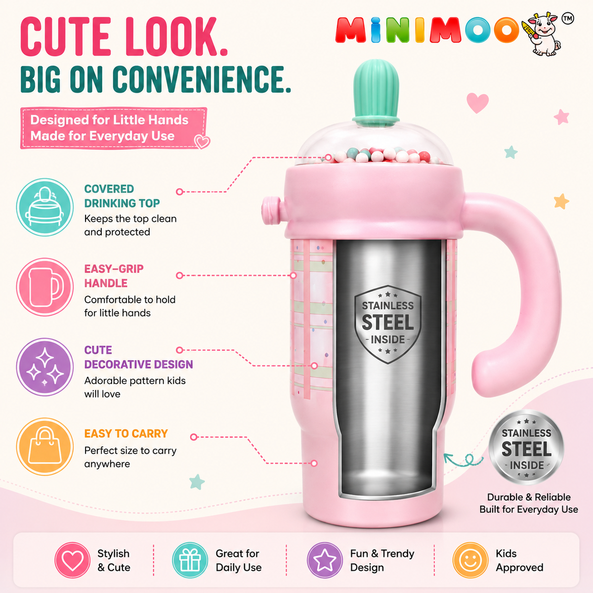 Cute Stainless Steel Kids Sipper Cup with Handle