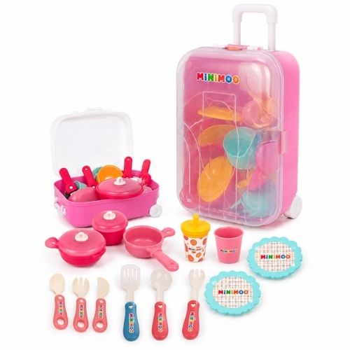 Kids Kitchen Trolley Play Set – 18 Pcs Pretend Cooking Set with Pots, Pans, Plates, Utensils & Portable Storage Suitcase  Role Play Toy for Kids 3+ Years