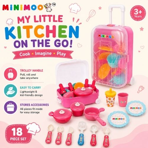 Kids Kitchen Trolley Play Set – 18 Pcs Pretend Cooking Set with Pots, Pans, Plates, Utensils & Portable Storage Suitcase  Role Play Toy for Kids 3+ Years