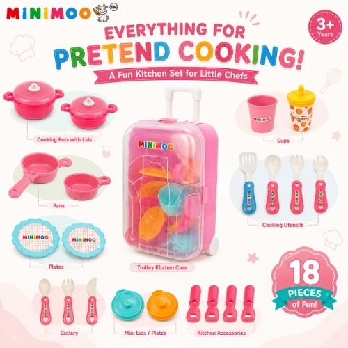 Kids Kitchen Trolley Play Set – 18 Pcs Pretend Cooking Set with Pots, Pans, Plates, Utensils & Portable Storage Suitcase  Role Play Toy for Kids 3+ Years