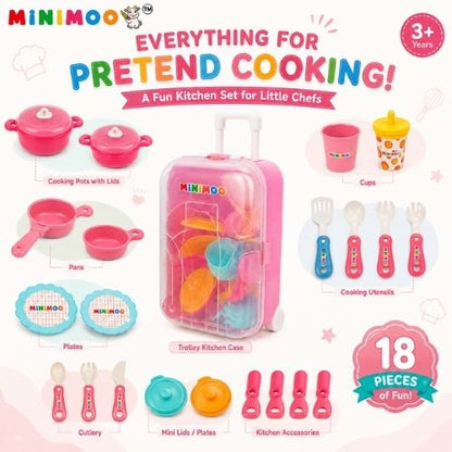 Kids Kitchen Trolley Play Set – 18 Pcs Pretend Cooking Set with Pots, Pans, Plates, Utensils & Portable Storage Suitcase  Role Play Toy for Kids 3+ Years