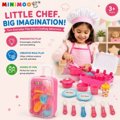 Kids Kitchen Trolley Play Set – 18 Pcs Pretend Cooking Set with Pots, Pans, Plates, Utensils & Portable Storage Suitcase  Role Play Toy for Kids 3+ Years