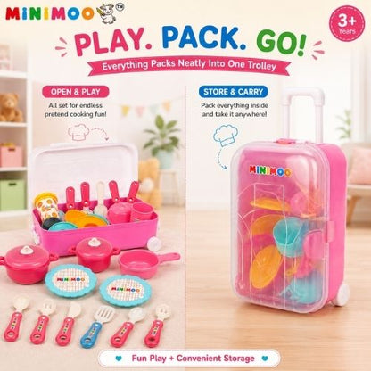 Kids Kitchen Trolley Play Set – 18 Pcs Pretend Cooking Set with Pots, Pans, Plates, Utensils & Portable Storage Suitcase  Role Play Toy for Kids 3+ Years