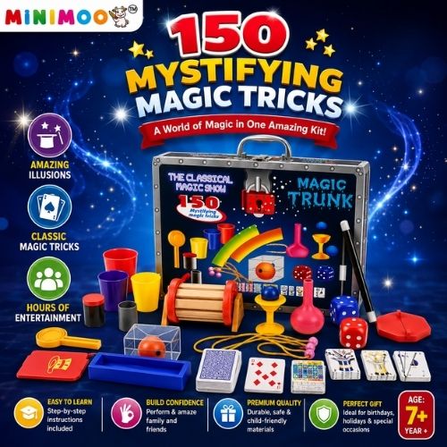 Magic Trunk – 150 Mystifying Magic Tricks Set for Kids 7+ Complete Magician Kit with Props, Cards, Wand & Instructions