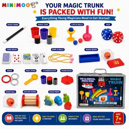 Magic Trunk – 150 Mystifying Magic Tricks Set for Kids 7+ Complete Magician Kit with Props, Cards, Wand & Instructions