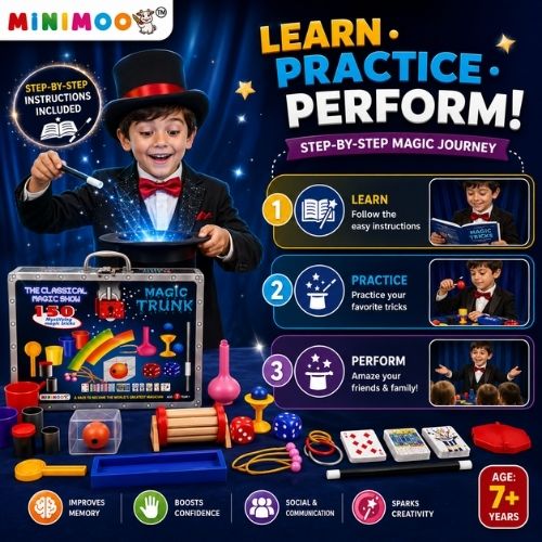 Magic Trunk – 150 Mystifying Magic Tricks Set for Kids 7+ Complete Magician Kit with Props, Cards, Wand & Instructions