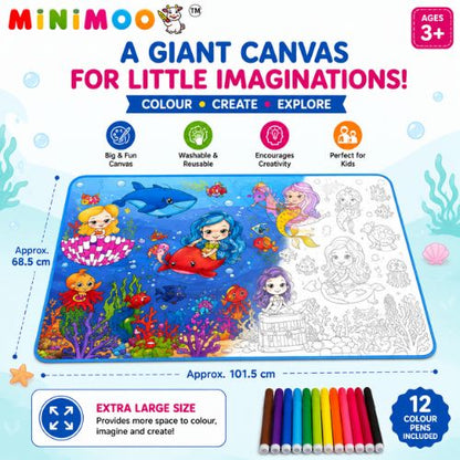 iant Mermaid Colouring Mat for Kids | Washable & Reusable Creative Activity Mat with 12 Colour Pens | 101.5 × 68.5 cm | Ages 3+