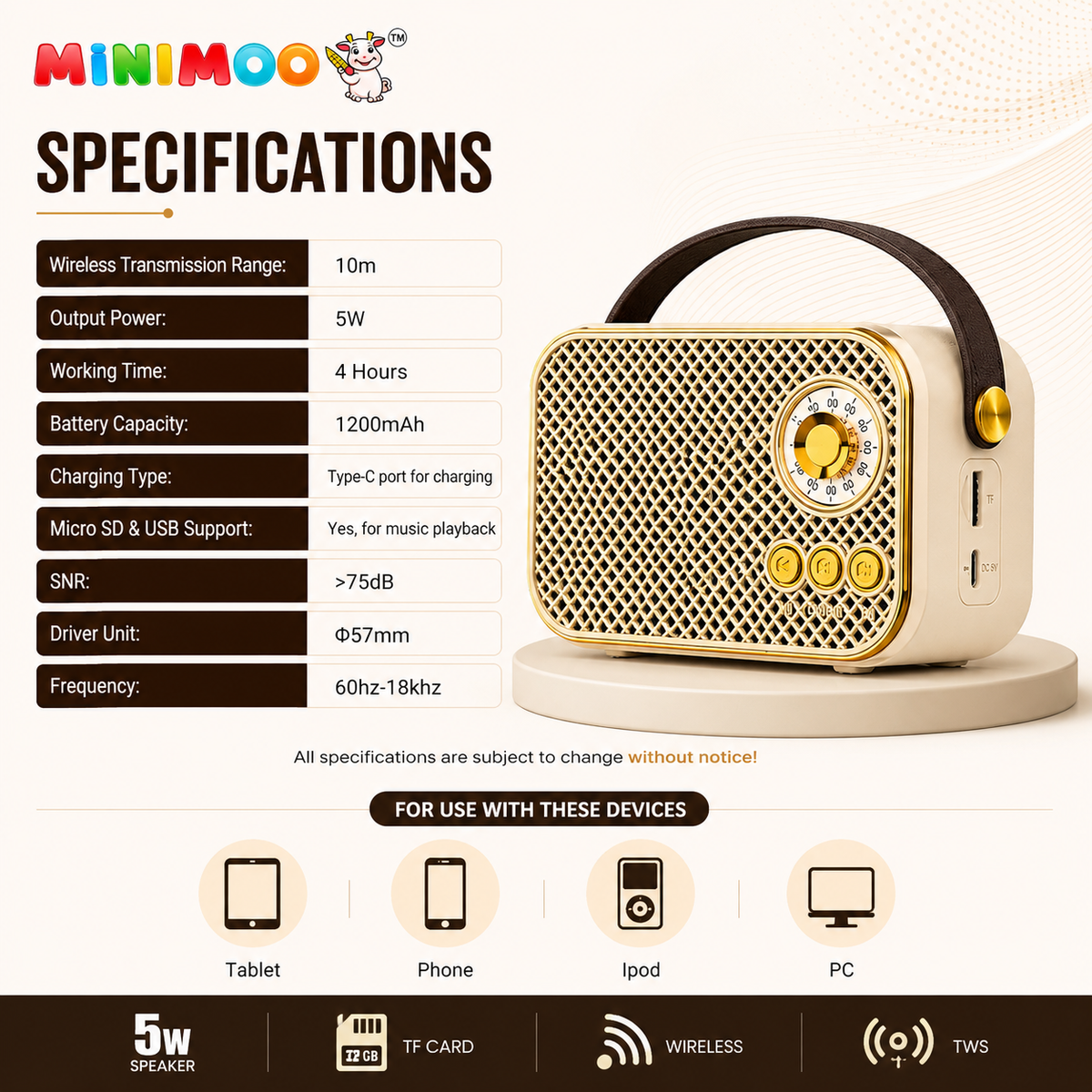 Retro Wireless Portable Speaker – 5W Sound, Bluetooth, TWS, TF Card & USB Support, Type-C Charging