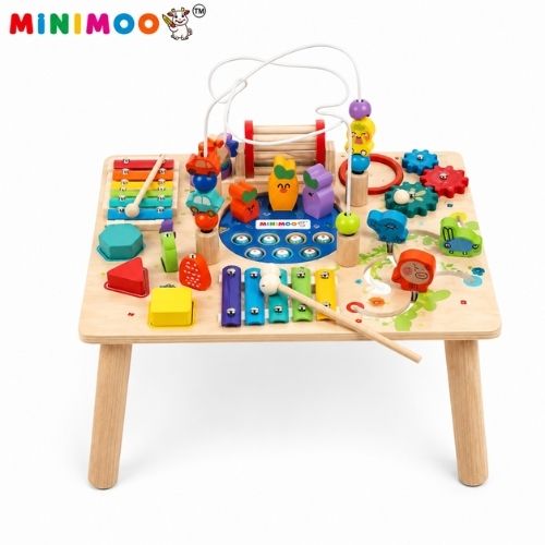 Wooden Activity Table  Multi-Activity Learning & Busy Board Toy with Bead Maze, Xylophone, Gears, Shapes & Sliding Games for Kids