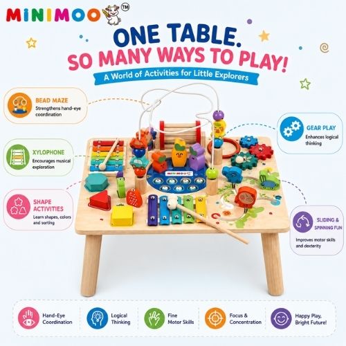 Wooden Activity Table  Multi-Activity Learning & Busy Board Toy with Bead Maze, Xylophone, Gears, Shapes & Sliding Games for Kids