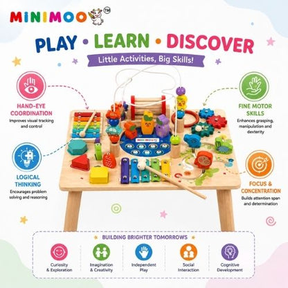 Wooden Activity Table  Multi-Activity Learning & Busy Board Toy with Bead Maze, Xylophone, Gears, Shapes & Sliding Games for Kids