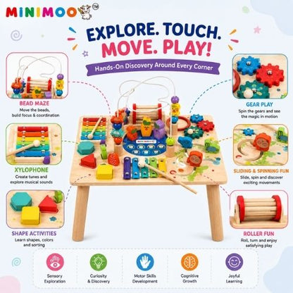 Wooden Activity Table  Multi-Activity Learning & Busy Board Toy with Bead Maze, Xylophone, Gears, Shapes & Sliding Games for Kids