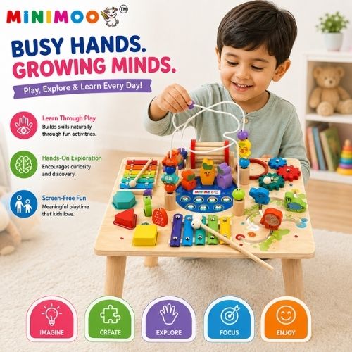 Wooden Activity Table  Multi-Activity Learning & Busy Board Toy with Bead Maze, Xylophone, Gears, Shapes & Sliding Games for Kids