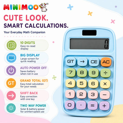 Cute Pastel Calculator with Large Display & Big Buttons | 10-Digit Dual Power Desk Calculator for Students, Home, Office & Everyday Use