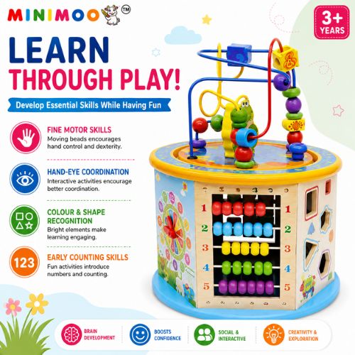 8-in-1 Wooden Activity Cube & Bead Maze Learning Toy | Abacus, Shape Sorter, Learning Clock, Matching & Sliding Games | Montessori Early Learning Toy for Kids 3+ Years