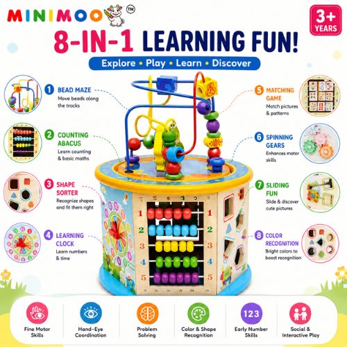 8-in-1 Wooden Activity Cube & Bead Maze Learning Toy | Abacus, Shape Sorter, Learning Clock, Matching & Sliding Games | Montessori Early Learning Toy for Kids 3+ Years