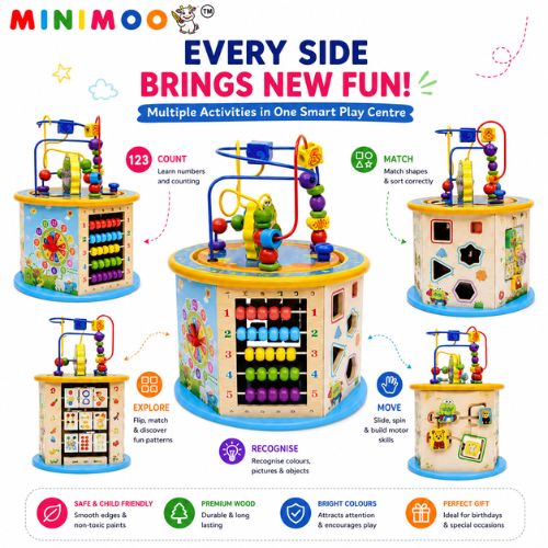 8-in-1 Wooden Activity Cube & Bead Maze Learning Toy | Abacus, Shape Sorter, Learning Clock, Matching & Sliding Games | Montessori Early Learning Toy for Kids 3+ Years