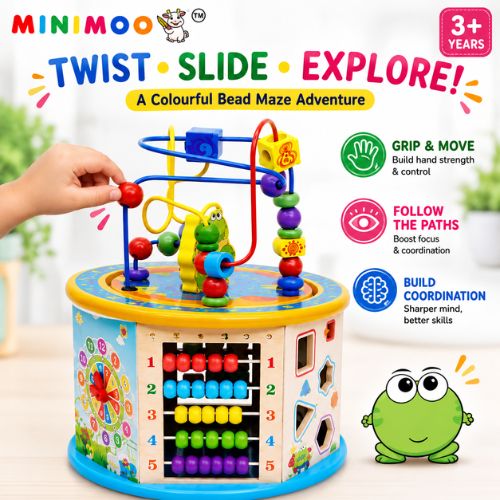 8-in-1 Wooden Activity Cube & Bead Maze Learning Toy | Abacus, Shape Sorter, Learning Clock, Matching & Sliding Games | Montessori Early Learning Toy for Kids 3+ Years