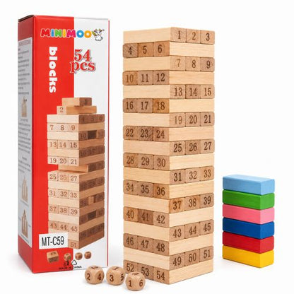 54 PCS Wooden Tumbling Tower Block Game with Number Dice