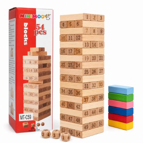 54 PCS Wooden Tumbling Tower Block Game with Number Dice