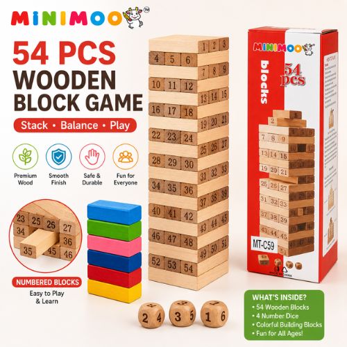 54 PCS Wooden Tumbling Tower Block Game with Number Dice