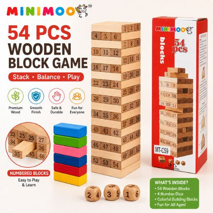 54 PCS Wooden Tumbling Tower Block Game with Number Dice