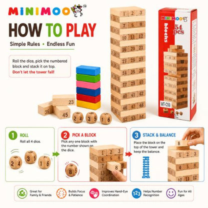 54 PCS Wooden Tumbling Tower Block Game with Number Dice