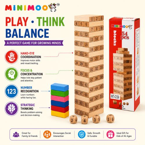 54 PCS Wooden Tumbling Tower Block Game with Number Dice