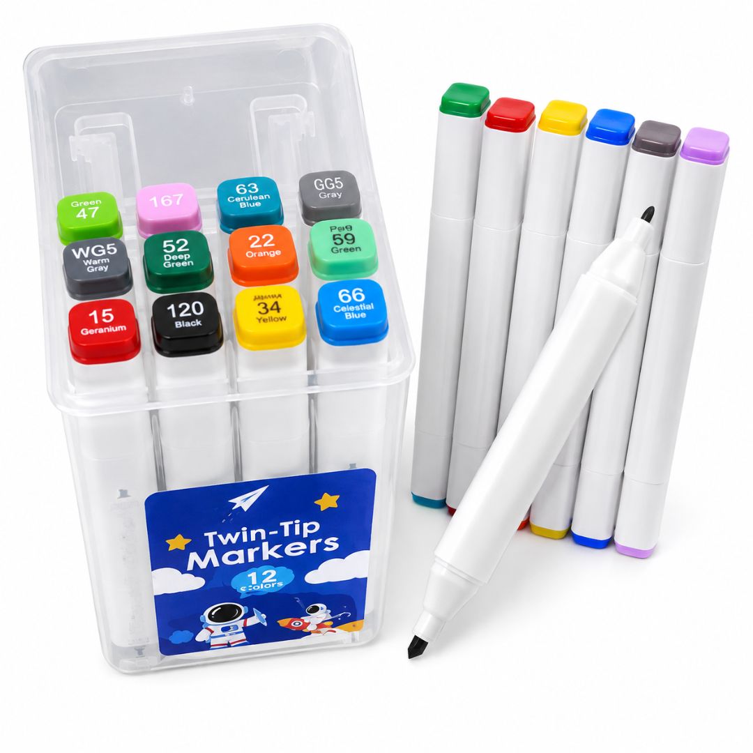 Twin-Tip Art Markers – 12 Vibrant Colours | Fine & Broad Dual Tip Colouring Markers for Drawing, Doodling, Shading, Lettering & Creative Projects