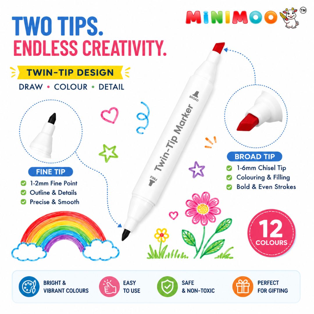 Twin-Tip Art Markers – 12 Vibrant Colours | Fine & Broad Dual Tip Colouring Markers for Drawing, Doodling, Shading, Lettering & Creative Projects