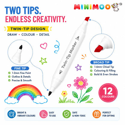 Twin-Tip Art Markers – 12 Vibrant Colours | Fine & Broad Dual Tip Colouring Markers for Drawing, Doodling, Shading, Lettering & Creative Projects