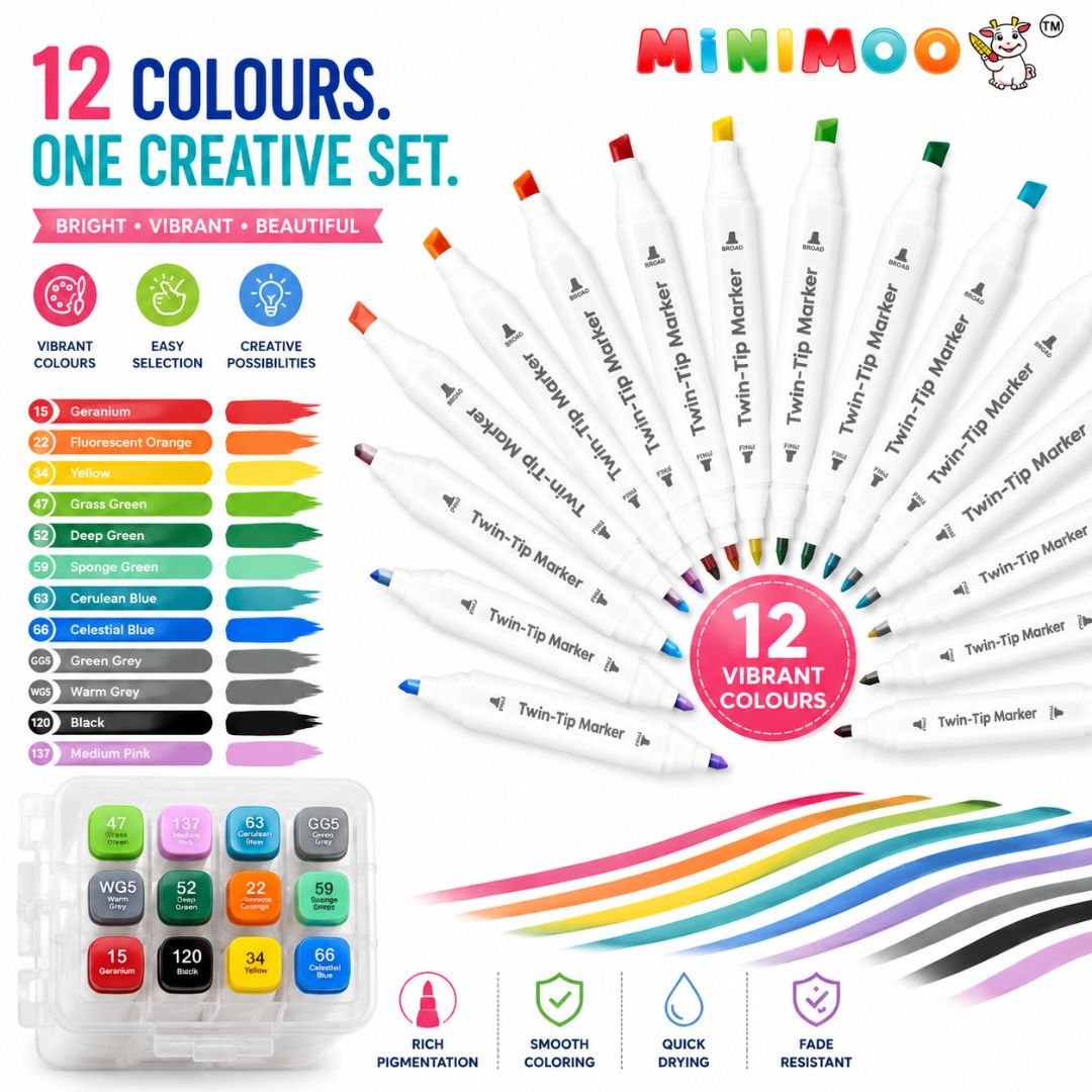 Twin-Tip Art Markers – 12 Vibrant Colours | Fine & Broad Dual Tip Colouring Markers for Drawing, Doodling, Shading, Lettering & Creative Projects