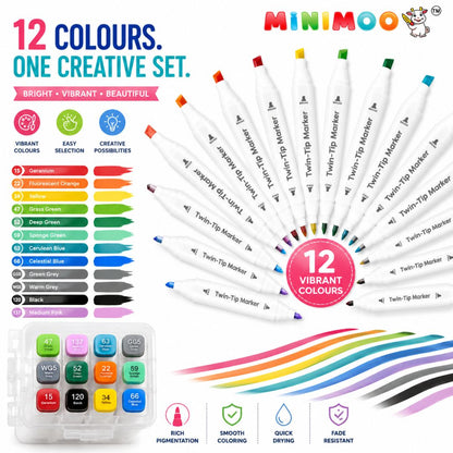Twin-Tip Art Markers – 12 Vibrant Colours | Fine & Broad Dual Tip Colouring Markers for Drawing, Doodling, Shading, Lettering & Creative Projects