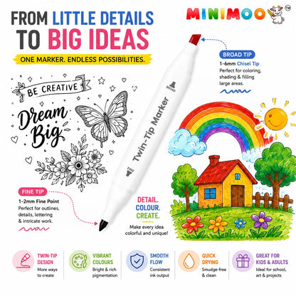 Twin-Tip Art Markers – 12 Vibrant Colours | Fine & Broad Dual Tip Colouring Markers for Drawing, Doodling, Shading, Lettering & Creative Projects
